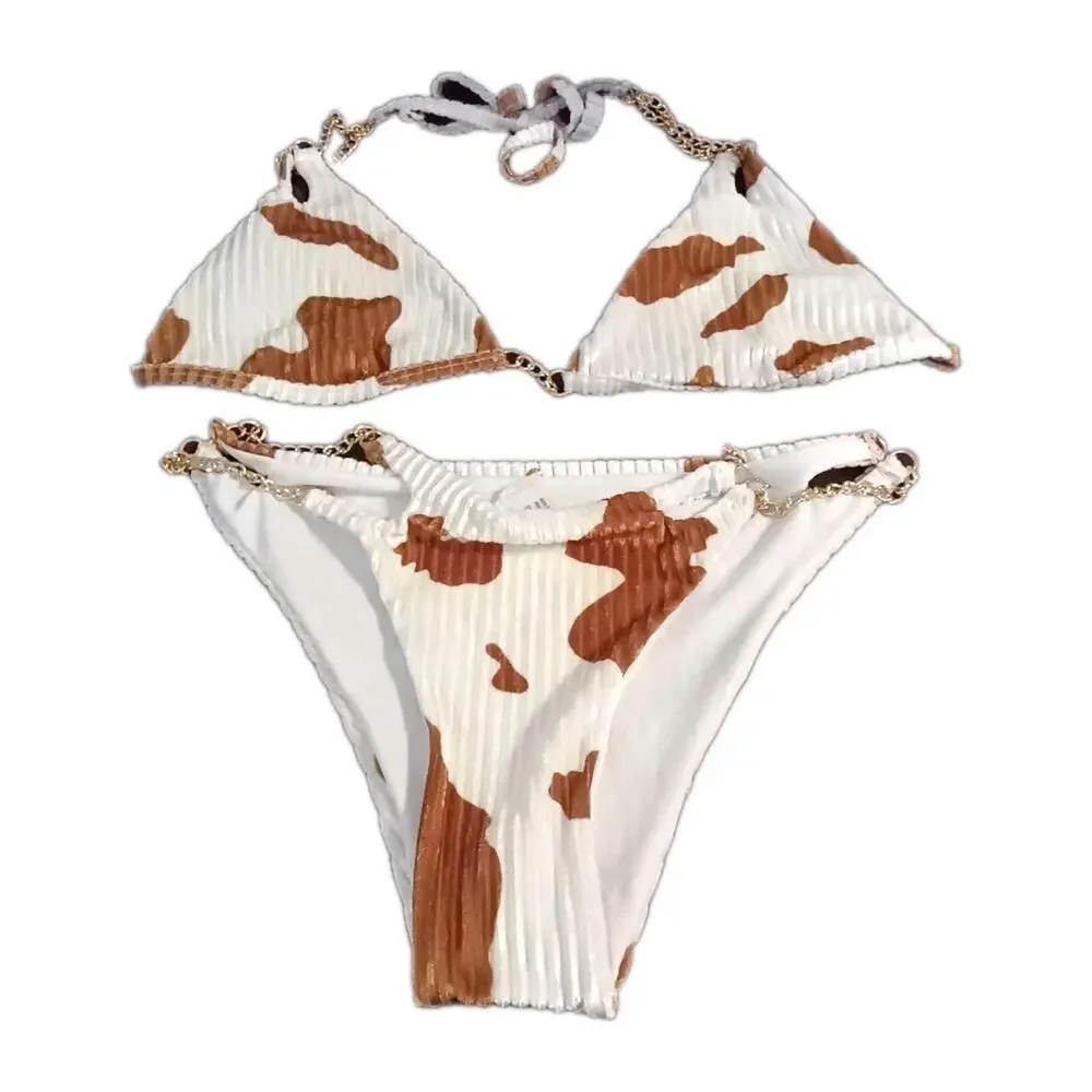 Velour Cow Print Bikini With Chain Accents Sz. Small NWOT